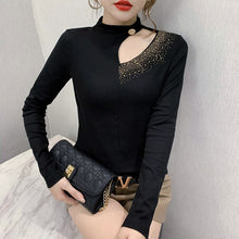 Load image into Gallery viewer, 2020 Autumn Winter Women tshirts Fashion Sexy Hollow out Hot drilling Tops Plus size Black T-Shirts blusas