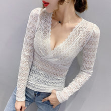Load image into Gallery viewer, 2020 Autumn new long sleeve v-neck lace tops Fashion sexy v-neck hollow out women t-shirt plus size women tops and shirt