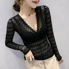 Load image into Gallery viewer, 2020 Autumn new long sleeve v-neck lace tops Fashion sexy v-neck hollow out women t-shirt plus size women tops and shirt