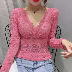 2020 Autumn new long sleeve v-neck lace tops Fashion sexy v-neck hollow out women t-shirt plus size women tops and shirt