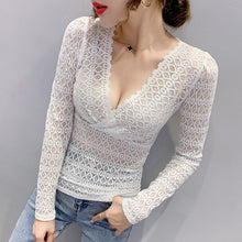 Load image into Gallery viewer, 2020 Autumn new long sleeve v-neck lace tops Fashion sexy v-neck hollow out women t-shirt plus size women tops and shirt