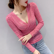Load image into Gallery viewer, 2020 Autumn new long sleeve v-neck lace tops Fashion sexy v-neck hollow out women t-shirt plus size women tops and shirt
