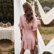 Load image into Gallery viewer, 2020 New Elegant Solid V Neck Spring Summer Dress Lace Up Button Ruffles Sleeve A Line Mini Dress Pink Yellow
