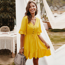 Load image into Gallery viewer, 2020 New Elegant Solid V Neck Spring Summer Dress Lace Up Button Ruffles Sleeve A Line Mini Dress Pink Yellow