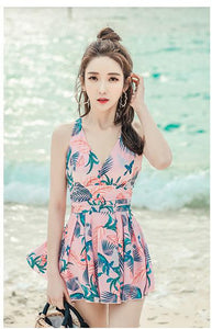 2020 New Sexy Lady Retro Floral Crinkle V Neck Ruffle Swimwear Women One Piece Swimsuit Female Swim Suit One Piece Skirt