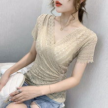 Load image into Gallery viewer, 2020 New Summer short sleeve v-neck lace tops Fashion casual hollow out lace t-shirts women tops Elegant slim women blusas