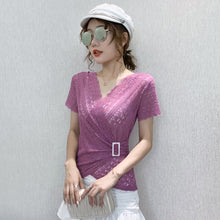 Load image into Gallery viewer, 2020 New Summer short sleeve v-neck lace tops Fashion casual hollow out lace t-shirts women tops Elegant slim women blusas