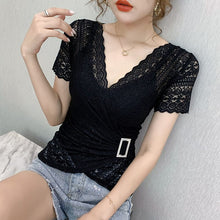 Load image into Gallery viewer, 2020 New Summer short sleeve v-neck lace tops Fashion casual hollow out lace t-shirts women tops Elegant slim women blusas