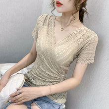 Load image into Gallery viewer, 2020 New Summer short sleeve v-neck lace tops Fashion casual hollow out lace t-shirts women tops Elegant slim women blusas