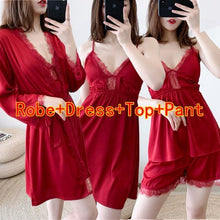 Load image into Gallery viewer, 2020 Summer 4PCS Silk Satin Lace Sexy Lingerie Nightgowns Robes Sets for Women Bathrobes Sleepwear Nightdress Night Dress Nighty