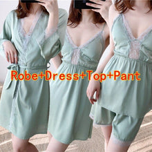 Load image into Gallery viewer, 2020 Summer 4PCS Silk Satin Lace Sexy Lingerie Nightgowns Robes Sets for Women Bathrobes Sleepwear Nightdress Night Dress Nighty
