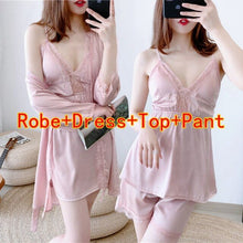 Load image into Gallery viewer, 2020 Summer 4PCS Silk Satin Lace Sexy Lingerie Nightgowns Robes Sets for Women Bathrobes Sleepwear Nightdress Night Dress Nighty