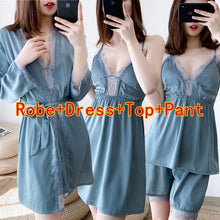 Load image into Gallery viewer, 2020 Summer 4PCS Silk Satin Lace Sexy Lingerie Nightgowns Robes Sets for Women Bathrobes Sleepwear Nightdress Night Dress Nighty