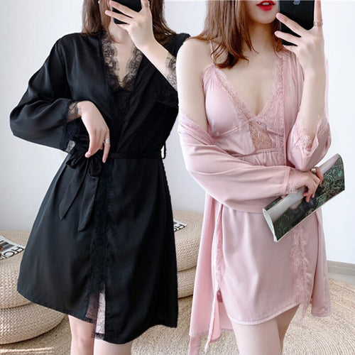 2020 Summer 4PCS Silk Satin Lace Sexy Lingerie Nightgowns Robes Sets for Women Bathrobes Sleepwear Nightdress Night Dress Nighty