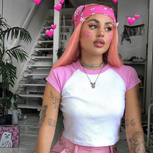 Load image into Gallery viewer, 2020 Summer Contrast Color Cute Crop Top Short Sleeve T-Shirt Women Casual Slim Basic Streetwear Top Tees Harajuku