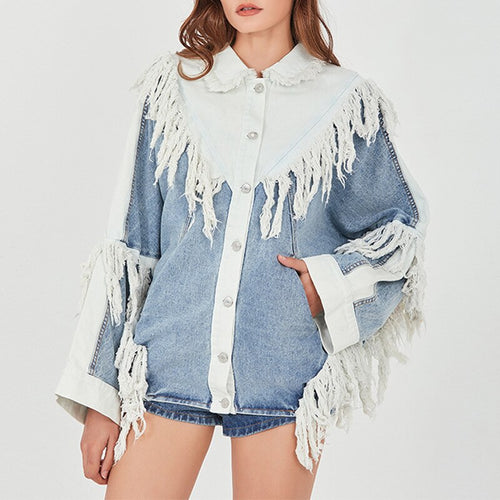 2020 Winter New Fashion Black White Patchwork Tassel Single Breasted Cropped Denim Jeans Jacket Women Coat Gothic Clothes