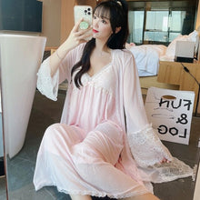 Load image into Gallery viewer, 2021 Autumn 2PCS Sexy Lace Bow Lingerie Nightgowns Robes Sets for Women Cotton Bathrobe Sleepwear Nightdress Night Dress Nighty