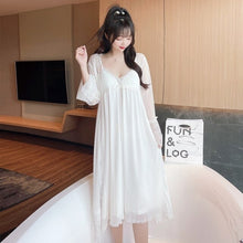 Load image into Gallery viewer, 2021 Autumn 2PCS Sexy Lace Bow Lingerie Nightgowns Robes Sets for Women Cotton Bathrobe Sleepwear Nightdress Night Dress Nighty