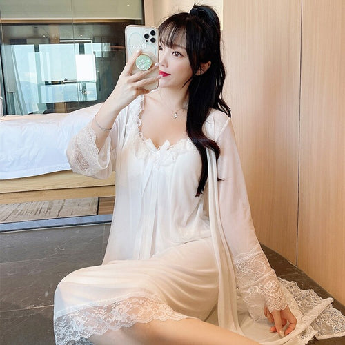 2021 Autumn 2PCS Sexy Lace Bow Lingerie Nightgowns Robes Sets for Women Cotton Bathrobe Sleepwear Nightdress Night Dress Nighty