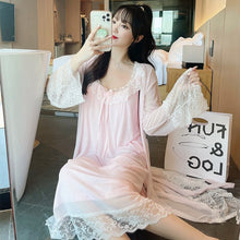 Load image into Gallery viewer, 2021 Autumn 2PCS Sexy Lace Bow Lingerie Nightgowns Robes Sets for Women Cotton Bathrobe Sleepwear Nightdress Night Dress Nighty