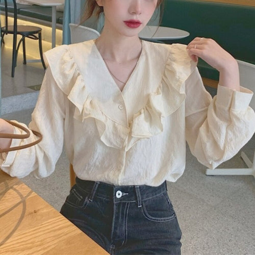 2021 Autumn Casual Elegant Blouse Women Office Lady Korean Fashion Sweet Shirts Long Sleeve High Street France Designer Clothing