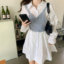 Load image into Gallery viewer, 2021 Autumn Elegant Two Piece Suit Women Korean Long Sleeve Sweet Shirt Dress Strap Mini Vest Set Spring Party Casual Dress Set