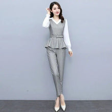 Load image into Gallery viewer, 2021 Autumn Fashion Slim Stripe 2 Piece Set Women V-neck Patchwork Long Sleeve Top with Belt High Waist Pant Female Clothes
