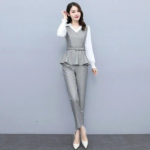 2021 Autumn Fashion Slim Stripe 2 Piece Set Women V-neck Patchwork Long Sleeve Top with Belt High Waist Pant Female Clothes