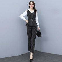 Load image into Gallery viewer, 2021 Autumn Fashion Slim Stripe 2 Piece Set Women V-neck Patchwork Long Sleeve Top with Belt High Waist Pant Female Clothes
