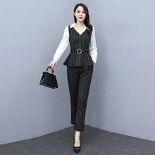 Load image into Gallery viewer, 2021 Autumn Fashion Slim Stripe 2 Piece Set Women V-neck Patchwork Long Sleeve Top with Belt High Waist Pant Female Clothes
