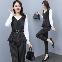 Load image into Gallery viewer, 2021 Autumn Fashion Slim Stripe 2 Piece Set Women V-neck Patchwork Long Sleeve Top with Belt High Waist Pant Female Clothes