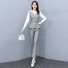 Load image into Gallery viewer, 2021 Autumn Fashion Slim Stripe 2 Piece Set Women V-neck Patchwork Long Sleeve Top with Belt High Waist Pant Female Clothes