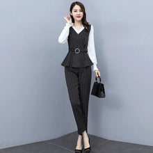 Load image into Gallery viewer, 2021 Autumn Fashion Slim Stripe 2 Piece Set Women V-neck Patchwork Long Sleeve Top with Belt High Waist Pant Female Clothes
