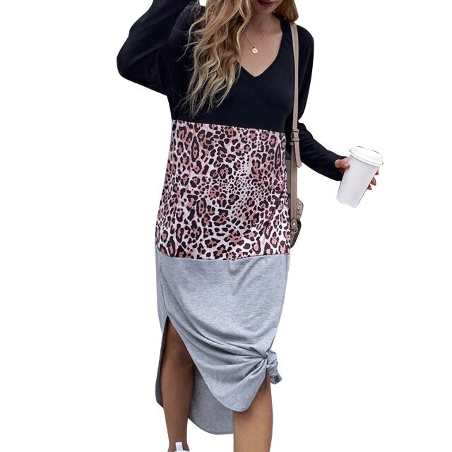 2021 Autumn Leopard Midi Dress Fashion Women's Printed Sundress Splicing Patchwork V Neck Long Sleeve Patchwork Femme Vestidos