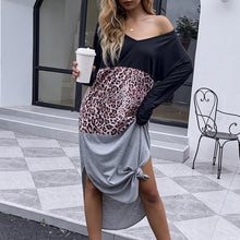 Load image into Gallery viewer, 2021 Autumn Leopard Midi Dress Fashion Women&#39;s Printed Sundress Splicing Patchwork V Neck Long Sleeve Patchwork Femme Vestidos