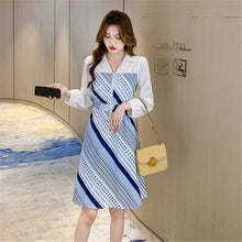 Load image into Gallery viewer, 2021 Autumn Long Sleeve High Waist Dress Women Turndown Collar Zipper Patchwork Fashion Office OL Style Dresses Female Vestidos