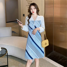 Load image into Gallery viewer, 2021 Autumn Long Sleeve High Waist Dress Women Turndown Collar Zipper Patchwork Fashion Office OL Style Dresses Female Vestidos