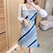 Load image into Gallery viewer, 2021 Autumn Long Sleeve High Waist Dress Women Turndown Collar Zipper Patchwork Fashion Office OL Style Dresses Female Vestidos