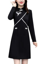 Load image into Gallery viewer, 2021 Autumn Long Sleeve Vintage Chinese Style Mini Dress Women Stand Collar Buckle Crane Embroidery Improved Cheongsam Female