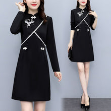 Load image into Gallery viewer, 2021 Autumn Long Sleeve Vintage Chinese Style Mini Dress Women Stand Collar Buckle Crane Embroidery Improved Cheongsam Female