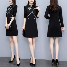 Load image into Gallery viewer, 2021 Autumn Long Sleeve Vintage Chinese Style Mini Dress Women Stand Collar Buckle Crane Embroidery Improved Cheongsam Female