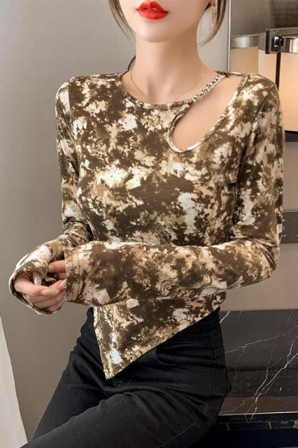 2021 Autumn Metal Chain Irregular Hem Slit Long-sleeved T-shirt Bottoming Shirt with Slim Tops