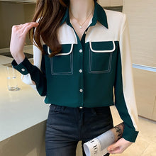 Load image into Gallery viewer, 2021 Autumn New Korean Blouses Temperament Long-Sleeved Chiffon Shirt Women&#39;s Tops Fake Pocket Office Lady Clothing