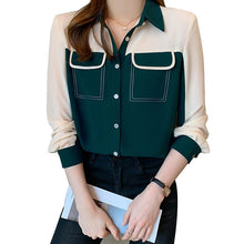 Load image into Gallery viewer, 2021 Autumn New Korean Blouses Temperament Long-Sleeved Chiffon Shirt Women&#39;s Tops Fake Pocket Office Lady Clothing