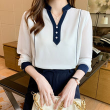 Load image into Gallery viewer, 2021 Autumn New Korean Ladies Chiffon Shirt Loose V-neck Long Sleeved Patchwork White Blouses Elegant Slim Office Lady Clothing