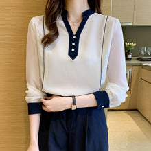 Load image into Gallery viewer, 2021 Autumn New Korean Ladies Chiffon Shirt Loose V-neck Long Sleeved Patchwork White Blouses Elegant Slim Office Lady Clothing