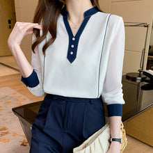 Load image into Gallery viewer, 2021 Autumn New Korean Ladies Chiffon Shirt Loose V-neck Long Sleeved Patchwork White Blouses Elegant Slim Office Lady Clothing