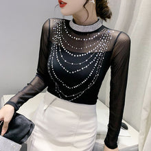 Load image into Gallery viewer, 2021 Autumn New Long-Sleeved Stand-up Collar Bottoming Shirt Fashion Stitching Mesh Hot Drilling T-Shirt Tops