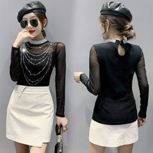 Load image into Gallery viewer, 2021 Autumn New Long-Sleeved Stand-up Collar Bottoming Shirt Fashion Stitching Mesh Hot Drilling T-Shirt Tops
