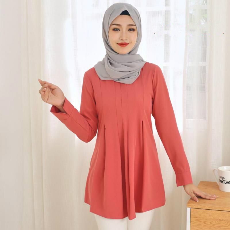 2021 Autumn New Muslim Fashion Women Solid Color Long Sleeve T-shirt Women's Clothing Middle East Malay Top Musulmane Clothes